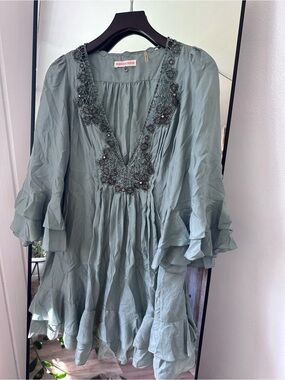 Rebecca Taylor Sage Green Ruffled V-Neck Dress